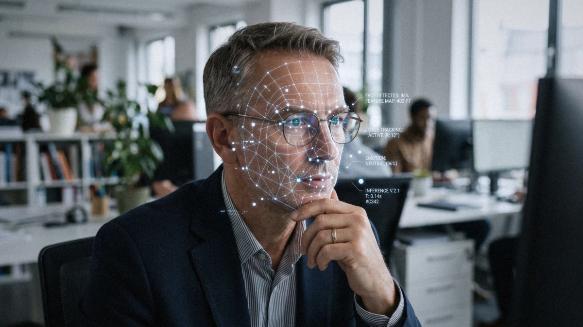 Manager alla scrivania con un'analisi facciale AI sovrapposta — rilevamento volto, tracciamento sguardo, emozione — in un ufficio
