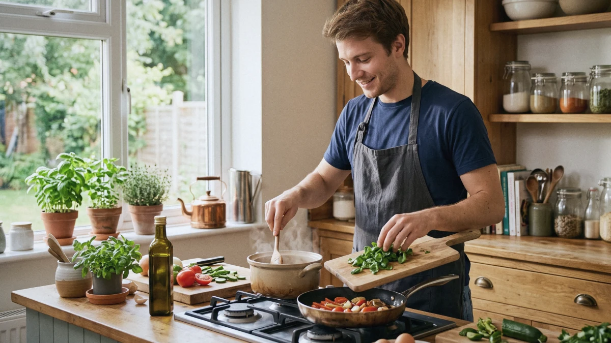 Giovane uomo prepara da mangiare con calma nella cucina di casa, luce naturale