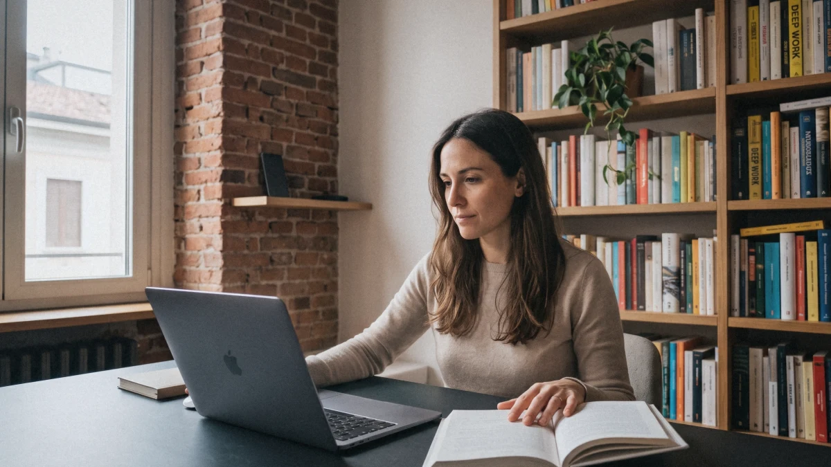 Donna che lavora concentrata alla scrivania di casa, laptop e libro aperto, davanti a una libreria con i volumi di Deep Work
