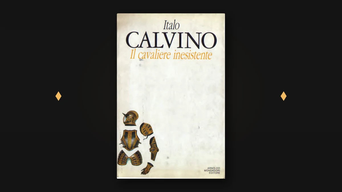 Copertina del libro Il cavaliere inesistente di Italo Calvino (Mondadori) su fondo scuro con dettagli oro