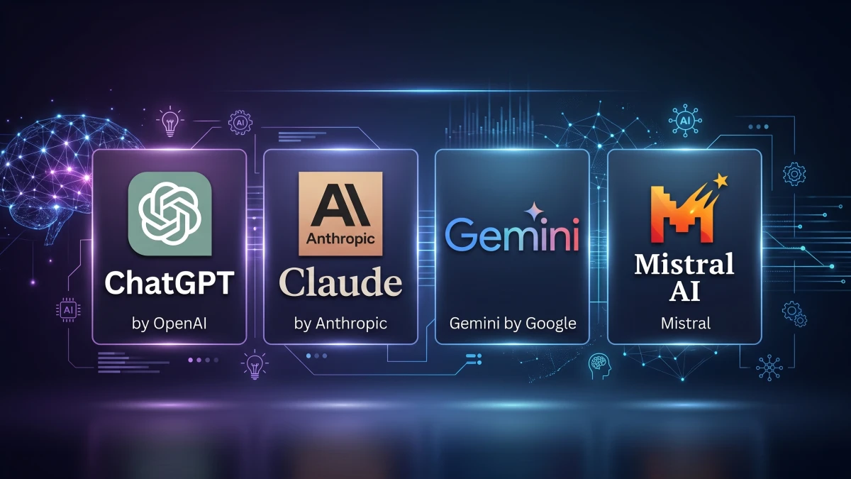 Loghi di ChatGPT, Claude, Gemini e Mistral AI su sfondo tecnologico scuro