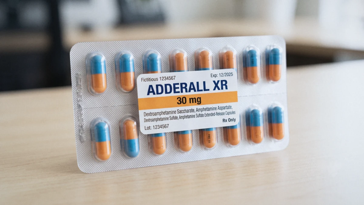 Blister di capsule di Adderall XR da 30 mg su una scrivania in ufficio