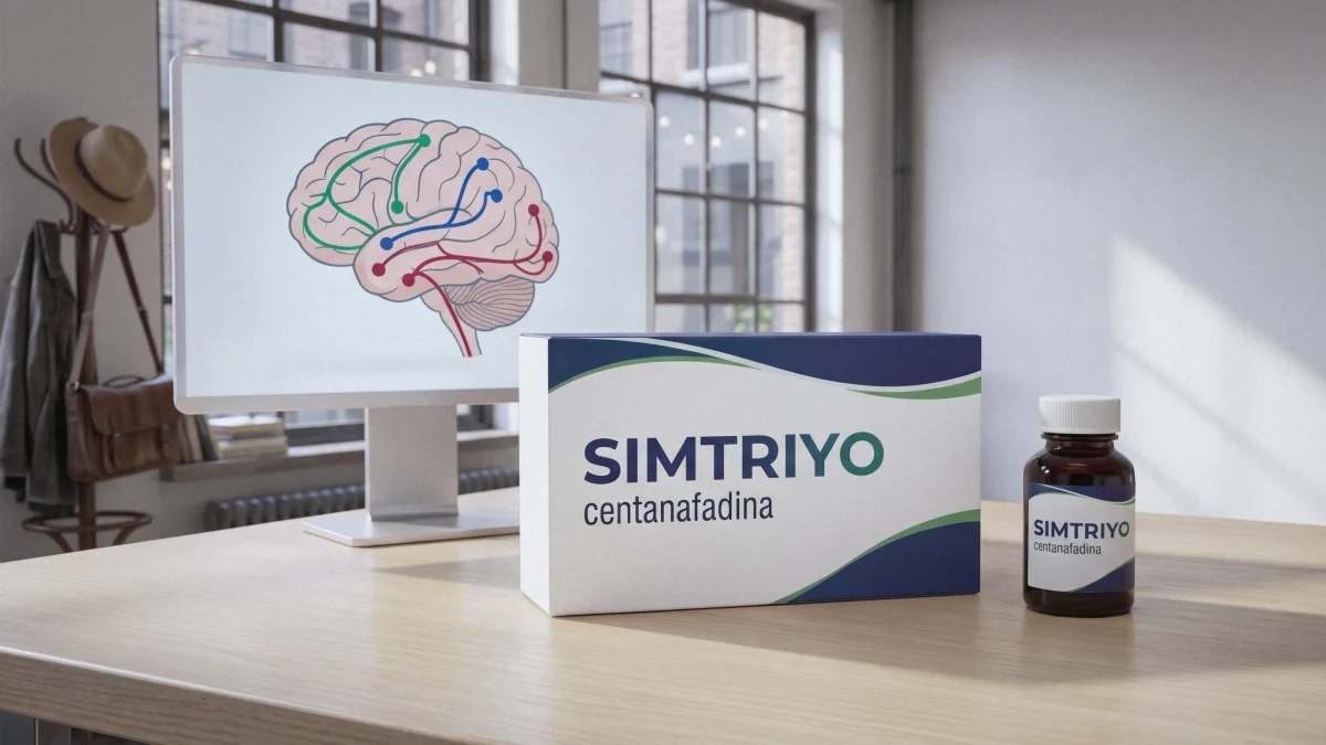Confezione e flacone del farmaco Simtriyo (centanafadina) su una scrivania; sullo sfondo un monitor con l'illustrazione di un cervello e tre vie di neurotrasmettitori colorate