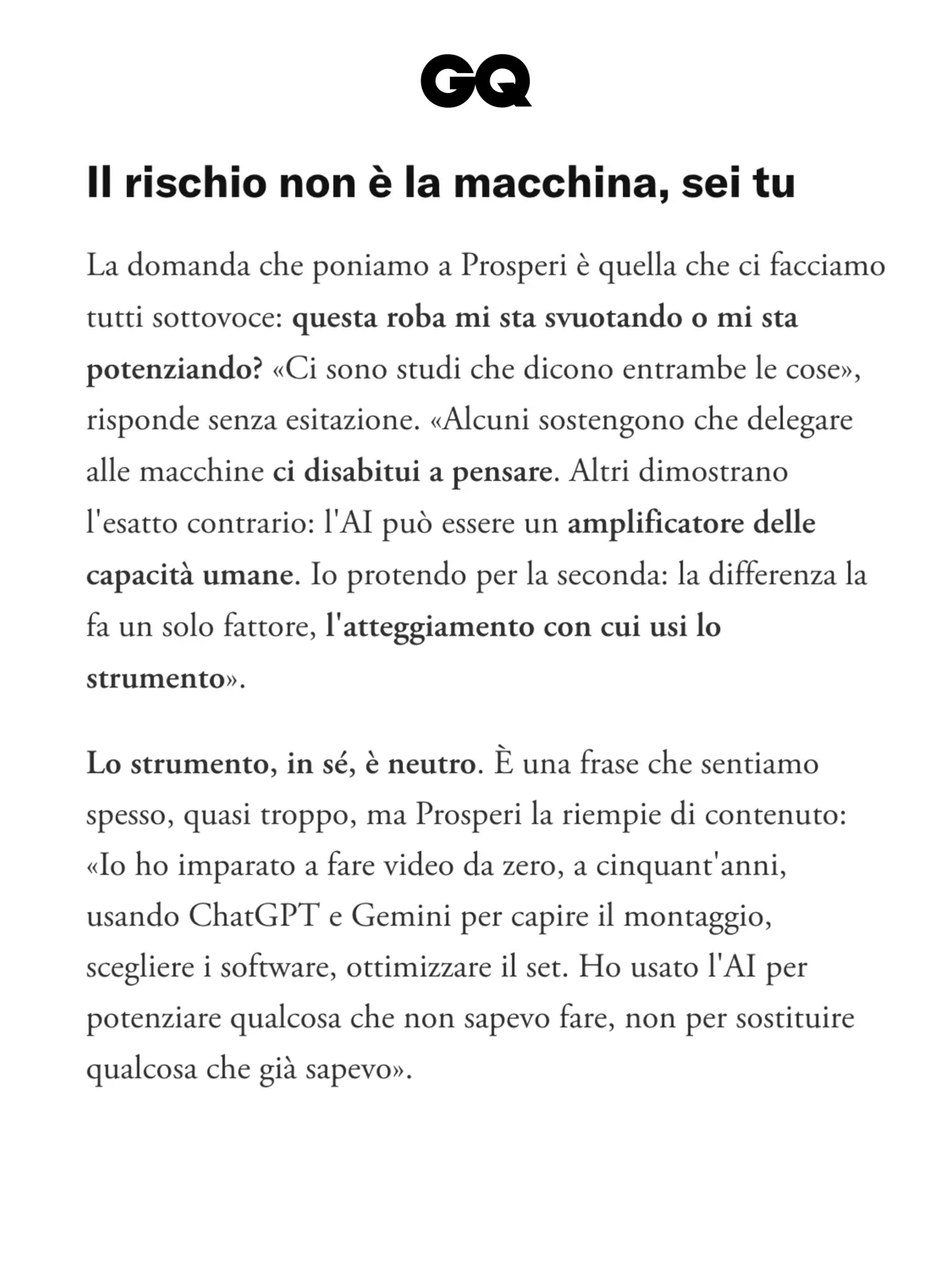 Estratto dell’articolo di GQ Italia su Andrea Prosperi