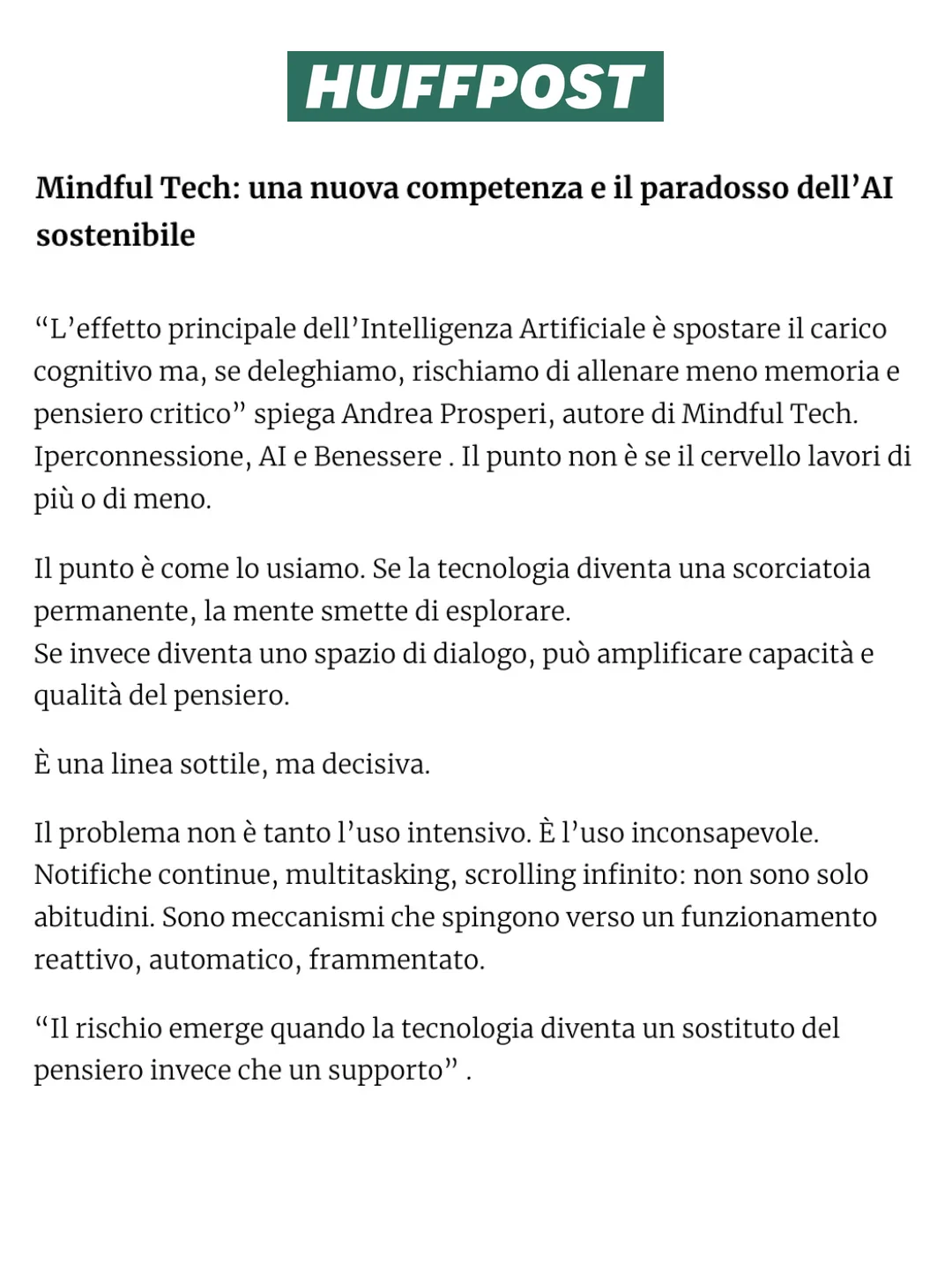 Estratto dell’articolo di HuffPost su Andrea Prosperi