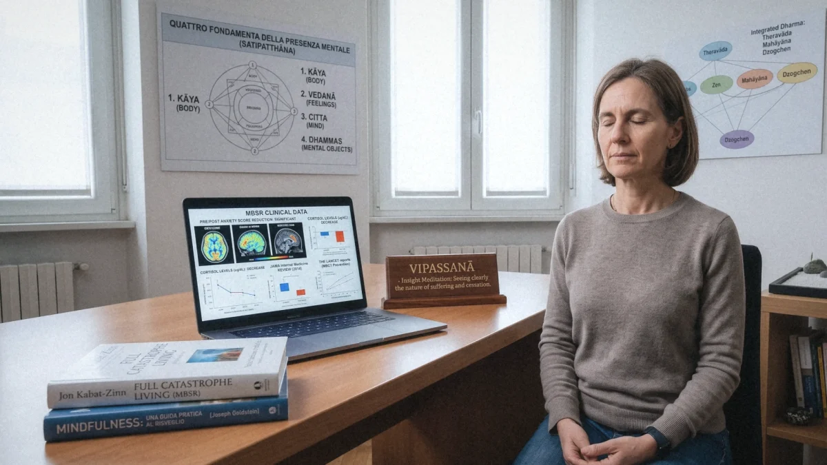 Donna che medita a occhi chiusi in uno studio con poster dei quattro fondamenti della presenza mentale, libri di Kabat-Zinn e Goldstein e dati clinici MBSR sul laptop