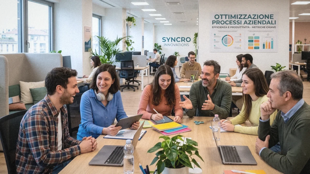 Team di lavoro eterogeneo sorride riunito attorno a un tavolo in un open space luminoso