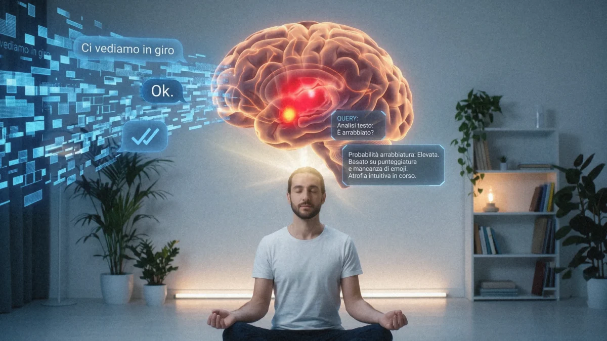 Uomo che medita mentre sopra di lui un cervello luminoso riceve messaggi ambigui e analisi automatiche del testo
