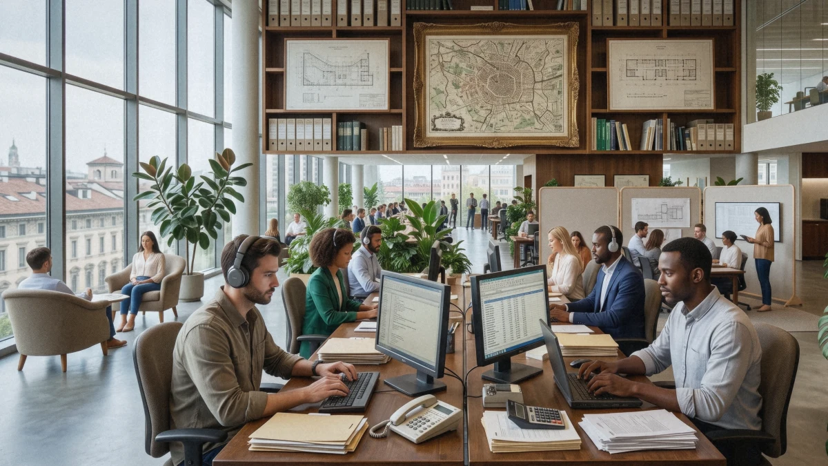 Open space luminoso con persone al lavoro alle scrivanie, grandi vetrate su una città e una mappa antica incorniciata sulla libreria