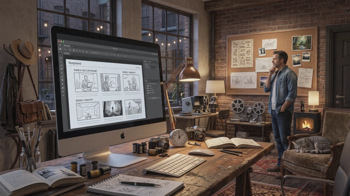 Uomo in piedi nel suo studio creativo, lontano dalla scrivania con iMac e storyboard, guarda pensieroso la bacheca: la pausa creativa in cui la mente vaga