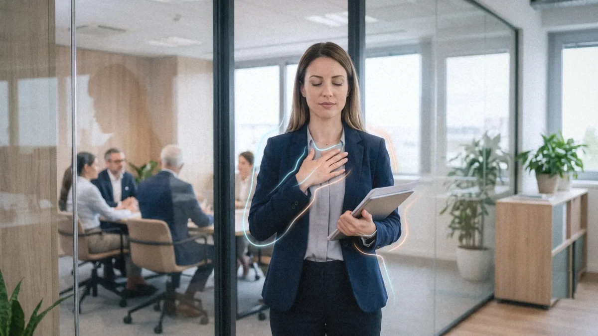 Manager a occhi chiusi con la mano sul petto prima di una riunione, contorno luminoso del corpo