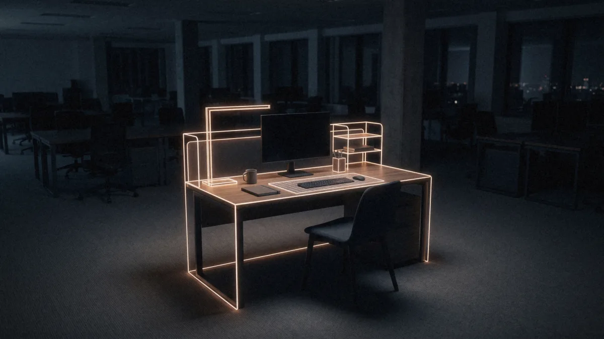 Scrivania in un open space buio avvolta da una sottile impalcatura di linee luminose, unica postazione illuminata