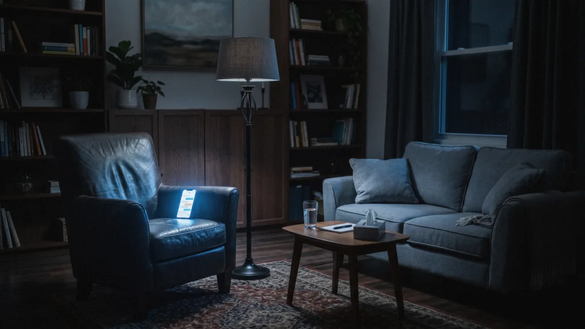 Studio da psicoterapeuta in penombra: sulla poltrona di pelle uno smartphone acceso con una chat illumina la stanza di luce fredda, accanto a una lampada spenta