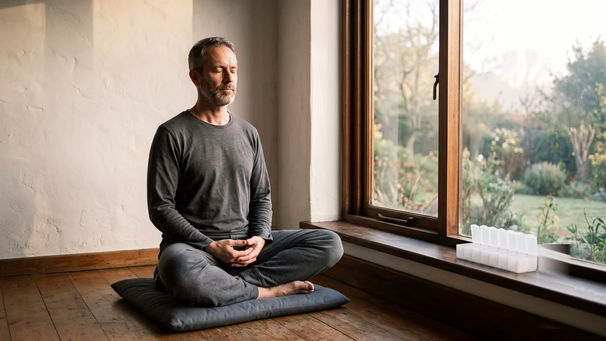 Uomo seduto in meditazione su un cuscino accanto a una finestra al mattino, con un portapillole vuoto sul davanzale
