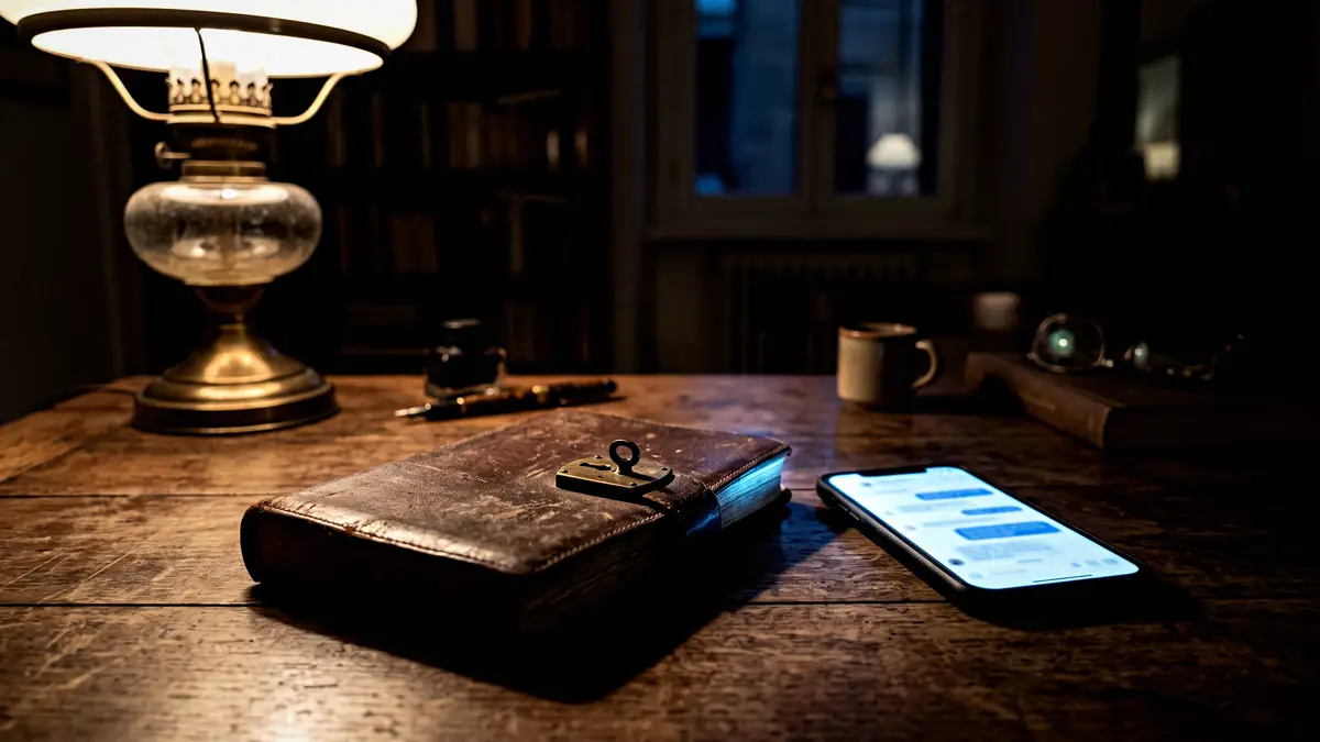 Un diario segreto di pelle chiuso col lucchetto accanto a uno smartphone acceso su una chat, su una scrivania in penombra illuminata da una lampada — il chatbot come nuovo diario segreto dei giovani.