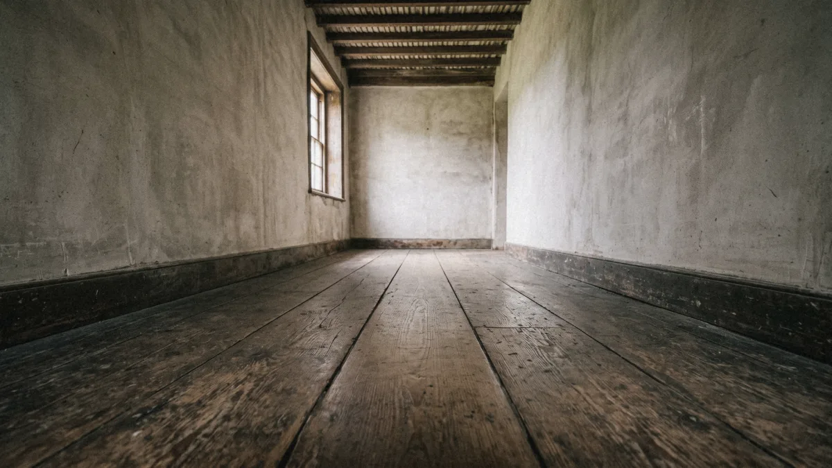 Corridoio vuoto con pavimento di assi di legno consumate dal passaggio, luce laterale da una finestra e muro spoglio in fondo