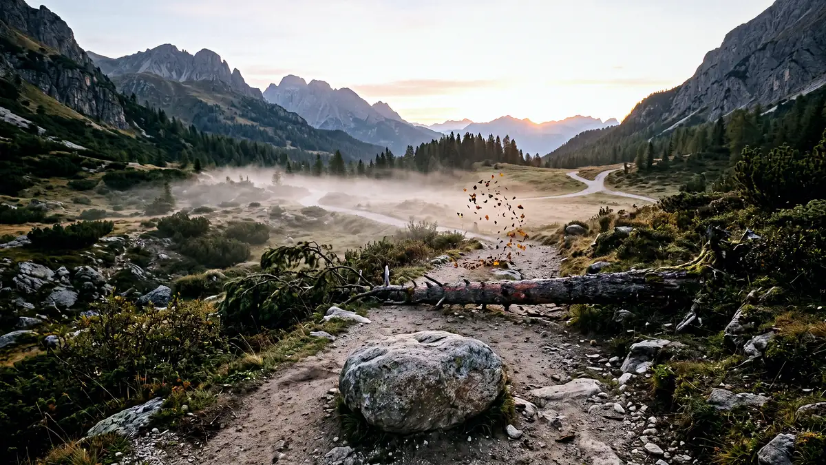 Sentiero di montagna all'alba: un masso al centro del cammino, un tronco caduto, nebbia bassa, foglie sollevate dal vento e un bivio in lontananza — metafora dei cinque ostacoli della meditazione.