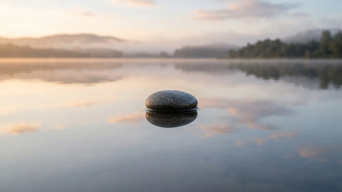 Una pietra levigata sulla superficie immobile di un lago all'alba — meditazione ad attenzione focalizzata