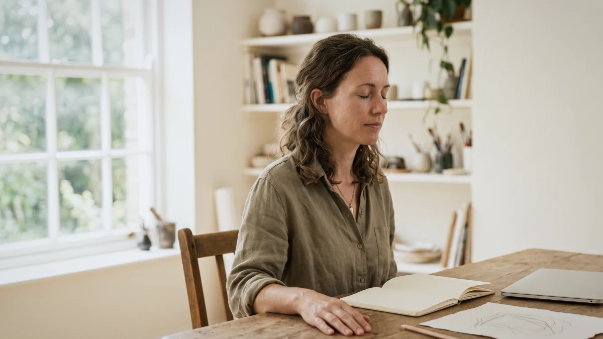 Donna seduta alla scrivania di uno studio creativo, occhi chiusi in un momento di pausa prima di prendere una decisione, luce naturale del mattino