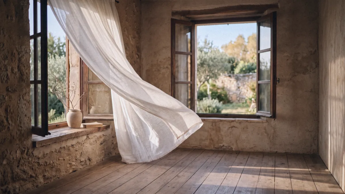 Tenda di lino bianca gonfiata dall'aria a una finestra aperta su un giardino di ulivi, in una stanza in pietra con luce del mattino