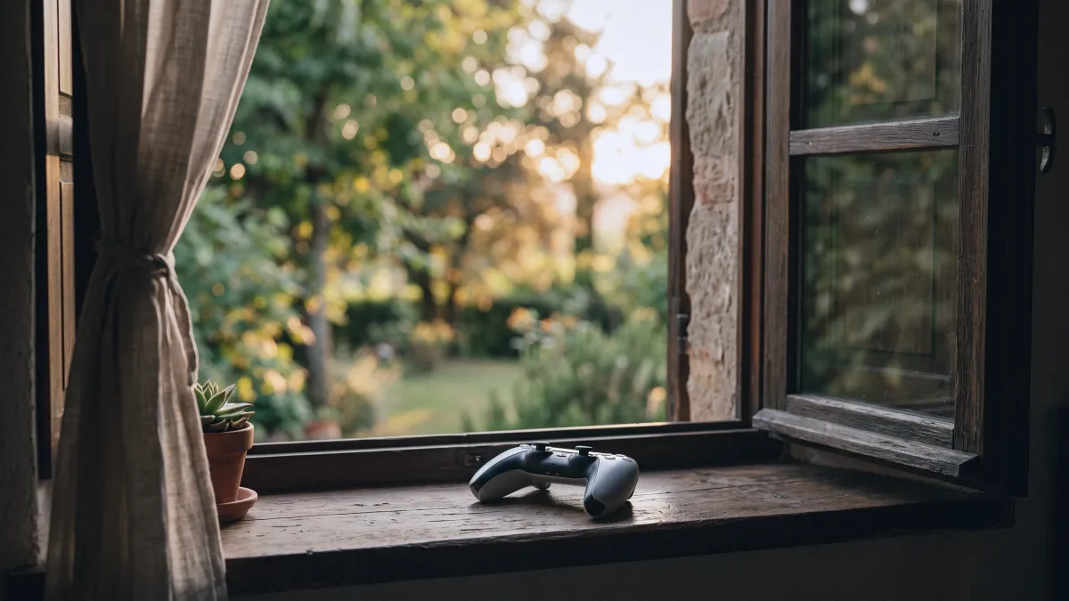 Un controller da videogiochi spento appoggiato sul davanzale di legno di una finestra aperta, con una tenda di lino e la luce dorata del tardo pomeriggio su un giardino sfocato.