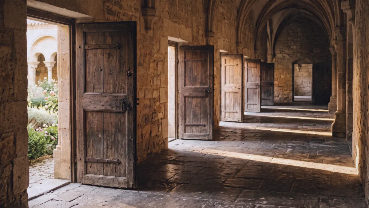 Corridoio di un chiostro antico in pietra con cinque porte di legno socchiuse e la luce dorata del mattino sul pavimento