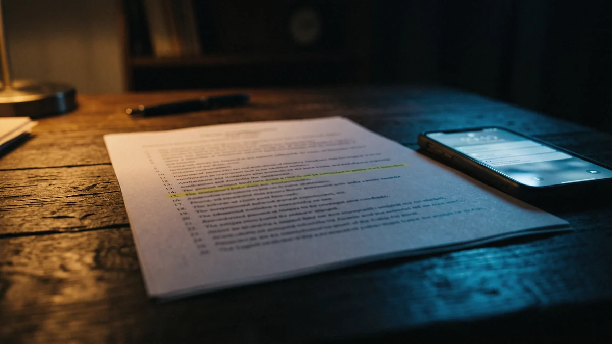 Un documento stampato con un elenco numerato su una scrivania di legno, una riga evidenziata in giallo, accanto un telefono acceso che illumina il foglio di luce fredda