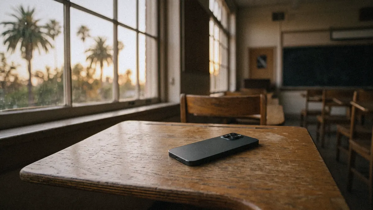 Smartphone a faccia in giù su un banco di scuola vuoto in California, luce del tramonto e palme fuori dalla finestra: la legge sui social per gli under 16
