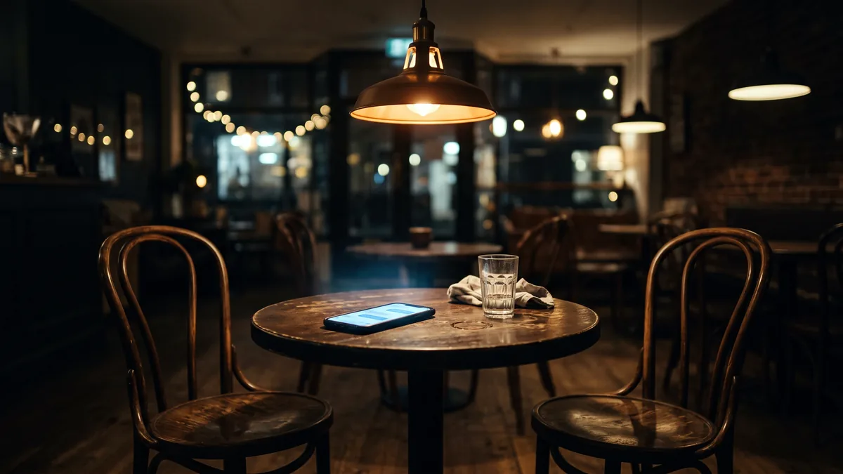 Smartphone acceso su un tavolino di bar con due sedie vuote intorno, luce calda della sera — il chatbot empatico occupa il posto degli altri