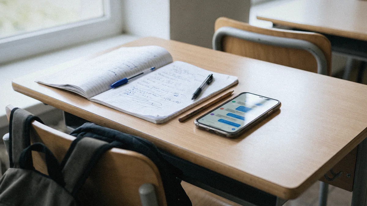 Banco di scuola con quaderno aperto e smartphone acceso su una chat: il 94% degli studenti usa l'AI, il 53% le ha confidato un problema