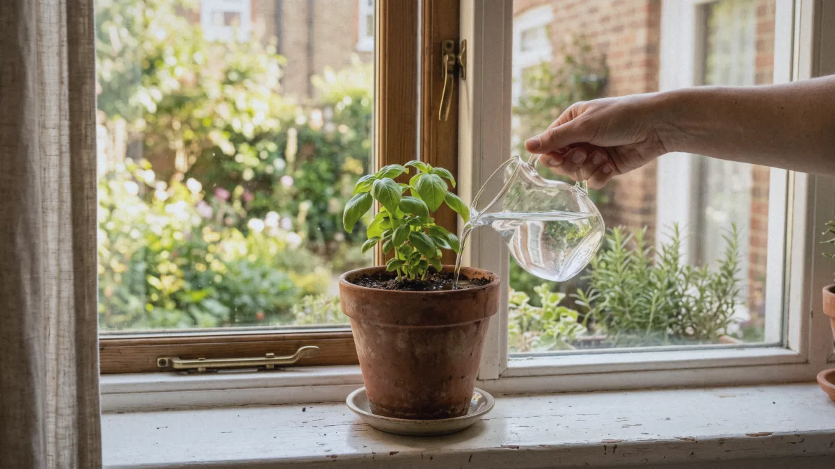 Una mano versa acqua da una brocca di vetro su una piantina in un vaso di terracotta sul davanzale, luce del mattino — la benevolenza si coltiva, non si forza