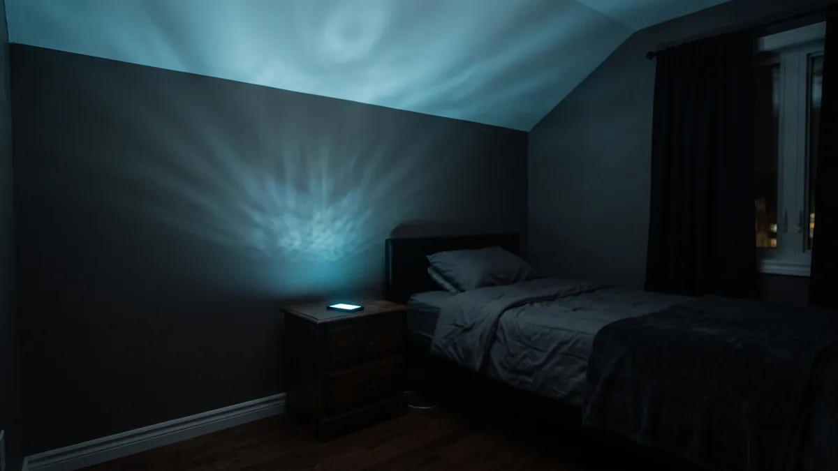 Cameretta buia con uno smartphone acceso sul comodino che proietta una luce blu sul soffitto