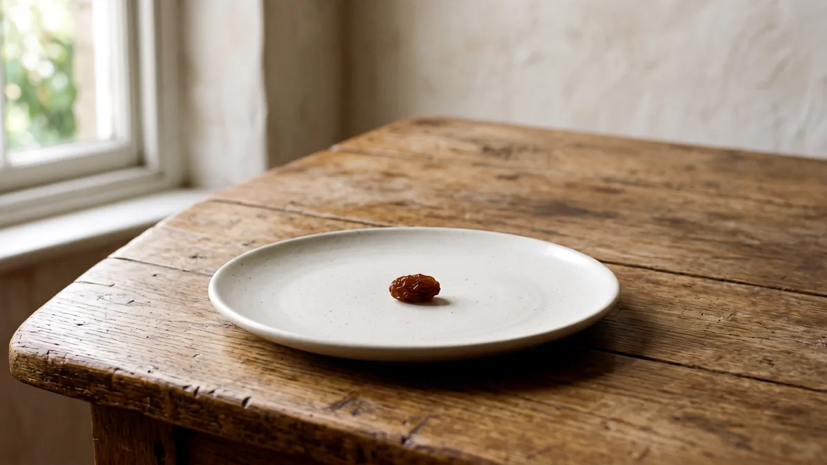 Un solo chicco d'uvetta al centro di un piatto bianco su un tavolo di legno, luce del mattino di lato — il mindful eating comincia da un boccone