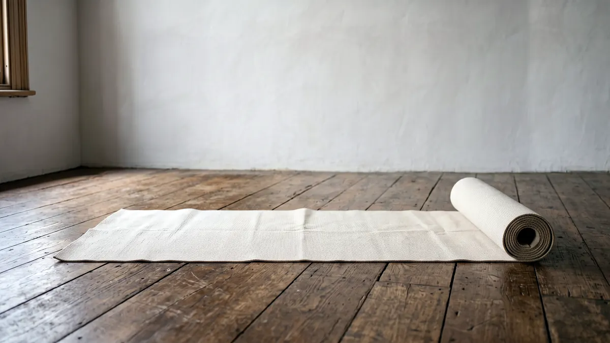 Tappetino srotolato a metà su un pavimento di assi di legno, luce del mattino da una finestra laterale — il movimento consapevole comincia prima di muoversi