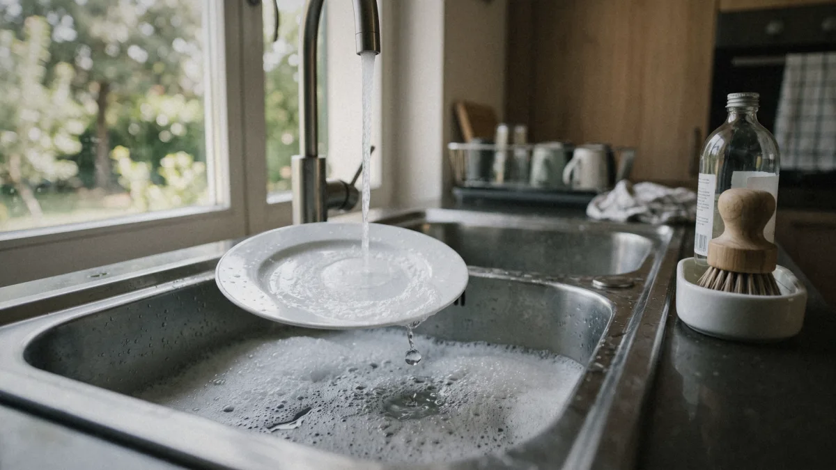 Lavello di cucina con l'acqua che scorre su un piatto bianco e la schiuma di sapone, finestra con il verde fuori