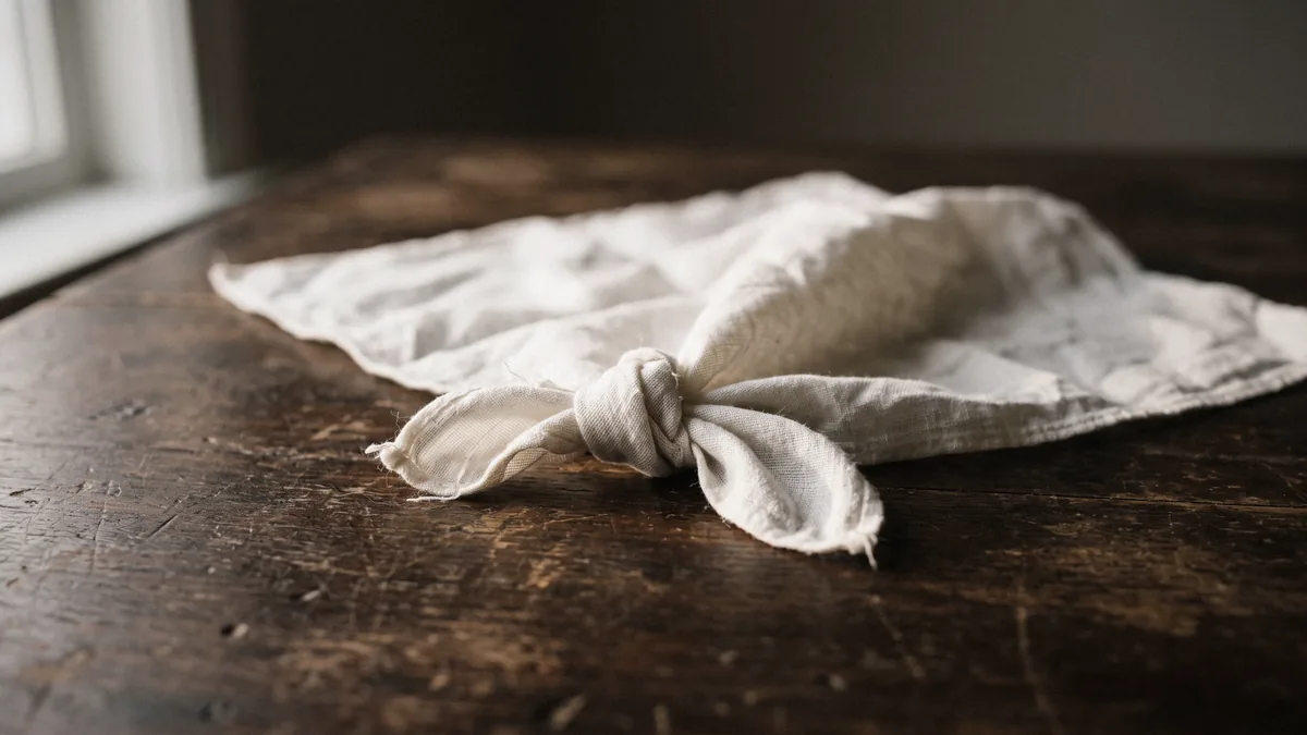 Un fazzoletto bianco con un nodo su un tavolo di legno: presenza mentale vuol dire ricordarsi di tornare