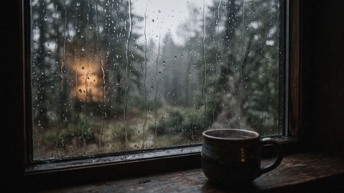 Gocce di pioggia su un vetro visto da dentro una stanza in penombra, con un bosco sfocato fuori e una tazza fumante sul davanzale — la tecnica RAIN: stare al riparo mentre l'emozione scorre