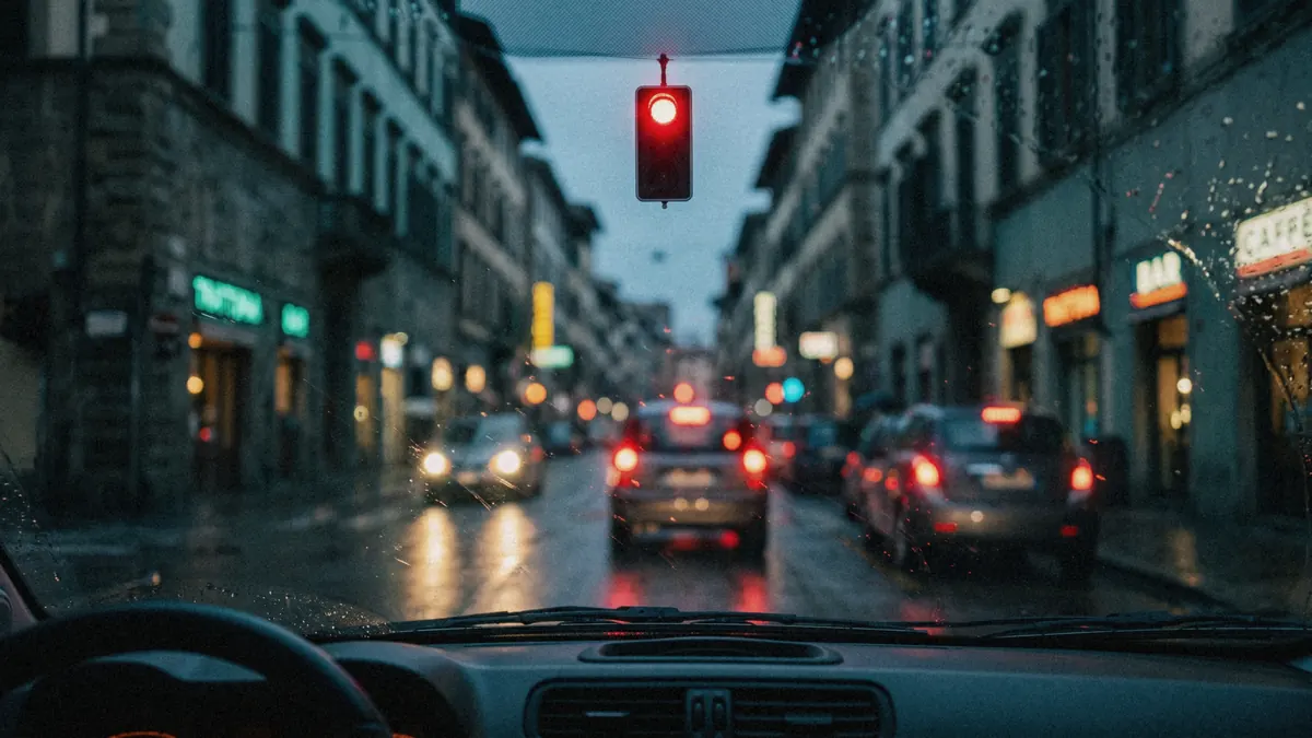 Semaforo rosso visto dal parabrezza di un'auto in una strada di città bagnata al crepuscolo